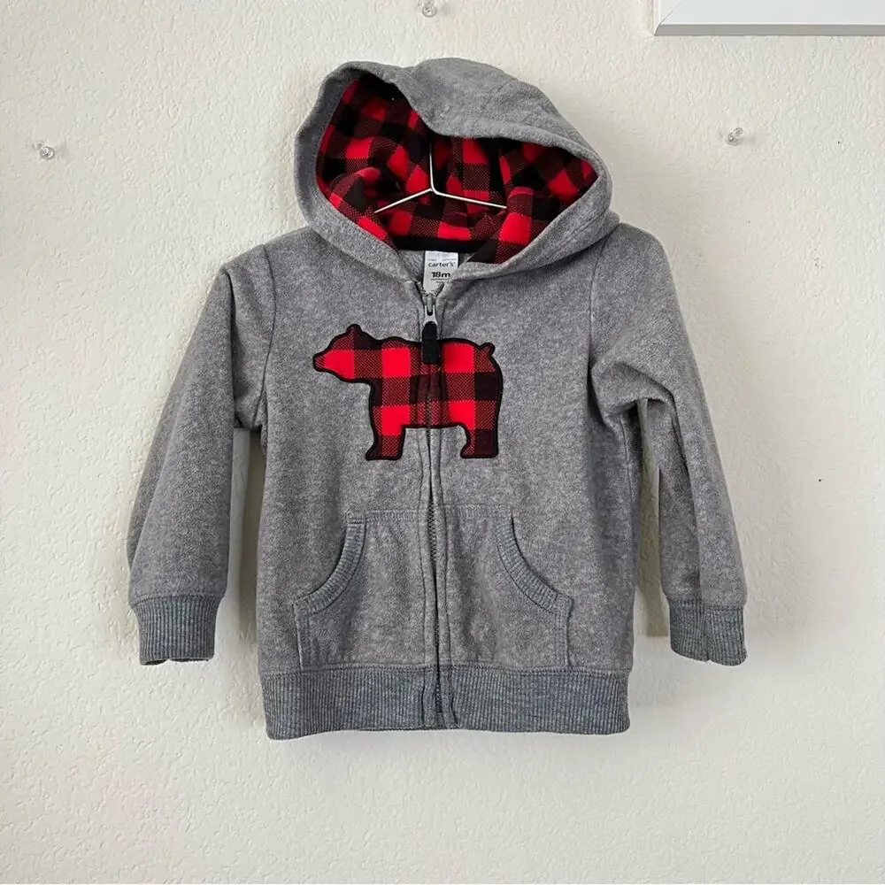 Carter’s Bear Buffalo Plaid Full Zip Hoodie Fleece Sweatshirt red black gray
